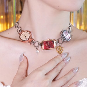 Red Watch Choker Necklace, Punk Style Heart Charm Jewelry, Retro Timepiece Statement, Gothic Watch Choker, Vintage-Inspired Watch Jewelry