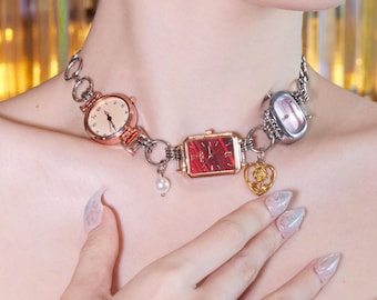 Red Watch Choker Necklace, Punk Style Heart Charm Jewelry, Retro Timepiece Statement, Gothic Watch Choker, Vintage-Inspired Watch Jewelry