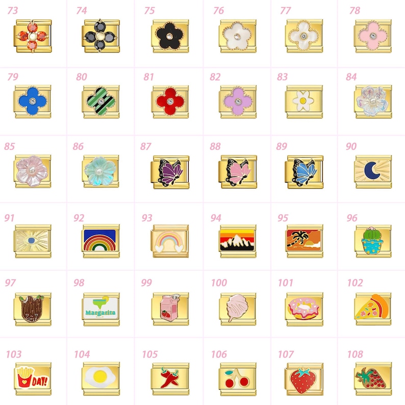 May include: A selection of gold-coloured charm beads with diverse designs. The charms depict flowers, butterflies, rainbows, food items, and other decorative elements. Each charm is rectangular with a gold border and colourful enamel details.