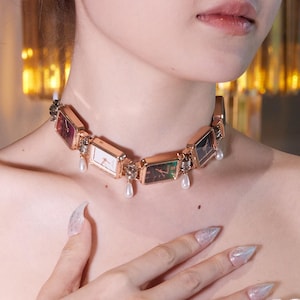 Y2K Punk 5 Watch Choker, Retro Aesthetic Jewelry for Alt Girls, Edgy Retro Statement Jewelry, Grunge Pearl Timepiece Watch Choker