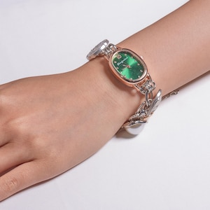 Steampunk Green Watch Bracelet, Rose Gold Oval Dial with Silver Chain, Dual Timepiece Charm Jewelry, Gothic Punk Vintage Accessory, Y2K Gift