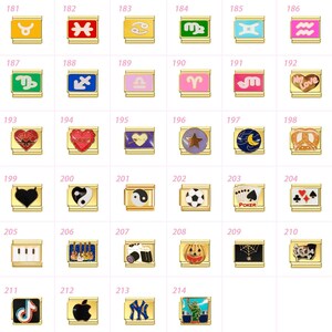 May include: A selection of gold-coloured charms with diverse designs. The charms depict zodiac signs, hearts, a yin-yang symbol, a football, playing cards, a piano, musical instruments, a camera, a pumpkin, a spiderweb, and other motifs.