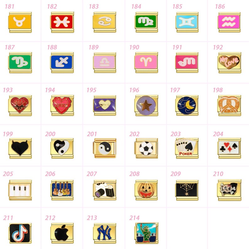 May include: A selection of gold-coloured charms with diverse designs. The charms depict zodiac signs, hearts, a yin-yang symbol, a football, playing cards, a piano, musical instruments, a camera, a pumpkin, a spiderweb, and other motifs.