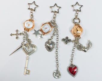 Vintage Steampunk Watch Keychain | Rose Gold Clock, Gothic Cross, Heart, Angel Wings & Star Charms | Romantic Punk Gift for Her | Edgy Gift
