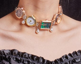 Gargantilla retro de cinco relojes, relojes vintage con perla, collar con reloj de estilo vanguardista, joyería única y llamativa, joyería alternativa