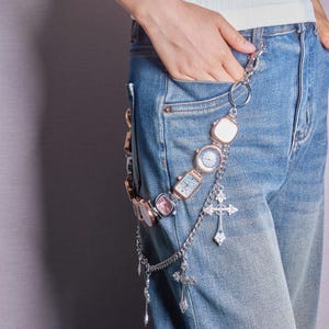 Corrente de relógio vintage com cruz | Acessório de cinto com relógio gótico | Joias coloridas punk para cintura | Joias ajustáveis Y2K | Moda unissex ousada