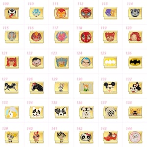 May include: A selection of gold-coloured charm pendants with diverse designs. The pendants feature characters such as Spider-Man, Batman, and Mickey Mouse, alongside other cartoon and comic book characters. Each charm is rectangular with a detailed, colourful design.