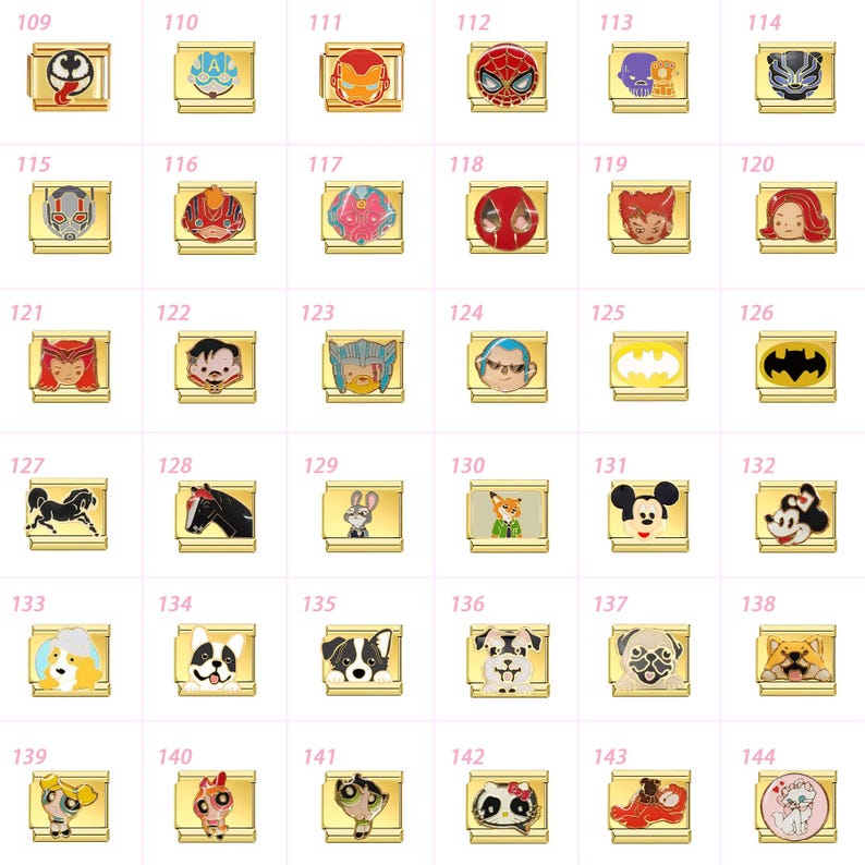 May include: A selection of gold-coloured charm pendants with diverse designs. The pendants feature characters such as Spider-Man, Batman, and Mickey Mouse, alongside other cartoon and comic book characters. Each charm is rectangular with a detailed, colourful design.
