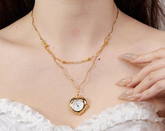 Vintage Steampunk Gold Heart Watch Necklace, Layered Clock Pendant Jewelry, Gothic Timepiece Choker, Romantic Y2K Statement Gift