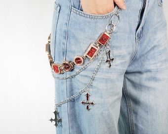 Vintage Red Steampunk Watch Pants Chain, Timepiece Charm Accessory with Gothic Crosses & Chains, Edgy Punk Rock Belt Jewelry, Y2K Gifts