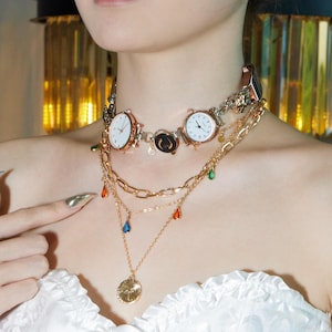Alternative Punk Watch Choker Necklace, Vintage Clocks, Chains & Colorful Charms, Handmade Steampunk Statement Watch Choker, Y2K Jewelry
