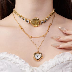 Vintage Steampunk Gold Watch Necklace with Crystal-Embellished Choker & Heart Clock Pendant, Vintage-Inspired Layered Statement Jewelry
