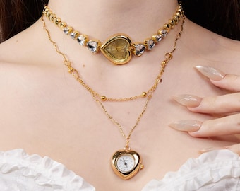 Vintage steampunk gouden horlogeketting met met kristallen verfraaide choker en hartklokhanger, vintage-geïnspireerde gelaagde statement-sieraden