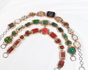 Vintage Steampunk Watch Bag Chain | Red & Green Timepiece Charm Accessory with Vintage Dials | Rose Gold Punk Statement Watch Bag Chain