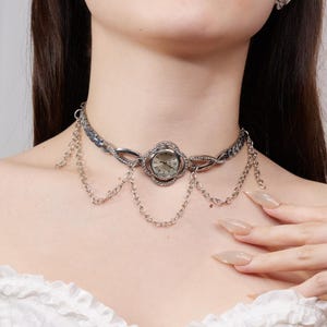 Vintage-Inspired Silver Punk Watch Necklace with Crystal Clock Choker & Chain Accents, Retro Statement Jewelry, Gothic Timepiece Gift