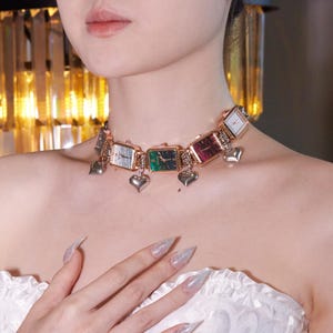 Punk Heart Watch Choker, Multicolor Clock Face Necklace with Charms, Y2K Statement Jewelry, Edgy Punk Fashion, Grunge Y2K Alt Jewelry