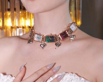 Punk Heart Watch Choker, Multicolor Clock Face Necklace with Charms, Y2K Statement Jewelry, Edgy Punk Fashion, Grunge Y2K Alt Jewelry