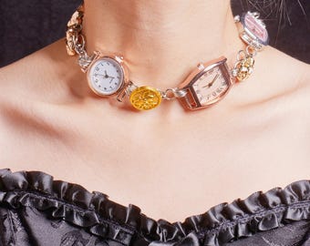 Adjustable Four-Watch Choker | Layered Y2K Watch Necklace | Functional Timekeeper Jewelry | Vintage Statement Piece | Unique Gift