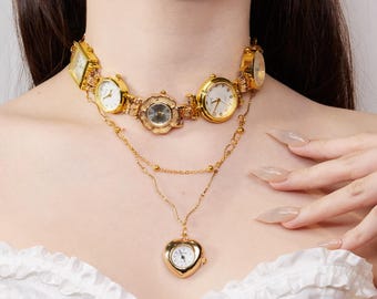 Collar vintage de oro laminado con gargantilla de 5 relojes y reloj de corazón: joyería de inspiración victoriana y joyería llamativa de inspiración steampunk.