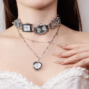 Vintage-Inspired Silver 5 Clock Choker & Heart Pendant, Y2K Statement Accessory, Gothic Timepiece Gift, Unique Steampunk Layered Jewelry