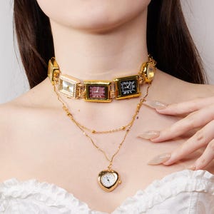 Vintage Gold Necklace with 5 Table Clock Choker & Heart Timepiece Pendant, Romantic Steampunk Layered Statement Jewelry, Edgy Jewelry Gift