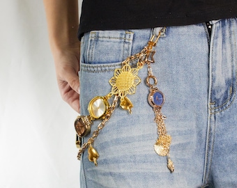 Vintage Brass Embossed Floral Belt, Medallion Chain Link 