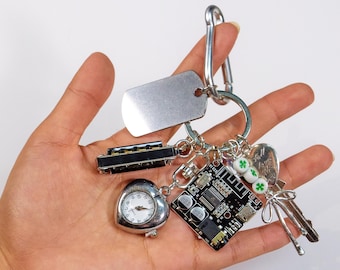 Vintage Steampunk Heart Watch Keychain, Tech Circuit Board, Dog Tag, Chopstick & Dice Charms, Alt Punk Gadget Bag Clip Gift for Him/Her