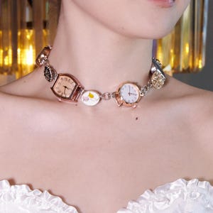 Quirky Watch Choker Necklace, Mixed Dials & Fun Charms, Alt Punk Style Jewelry, Vintage-Inspired Watch Choker , Y2K Steampunk Choker