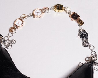 Punk Watch Face Bag Strap, Mixed Metal Vintage Timepiece Chain Handle, Edgy Purse Accessory for Gothic & Alt Fashion Bags, Y2K Watch Chain