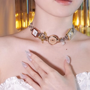 Triple Watch Face Choker, Gold Bronze Vintage Necklace, Timepiece Jewelry with Pearl Charm, Retro Watch Necklace, Steampunk Watch Choker