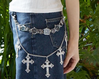 Punk Schwarze Uhr Hosen Kette mit Kreuz Anhängern, Gothic Y2K Gürtel Kette, Edgy Alt Taille Accessoire für Jeans, Streetwear, Retro Style