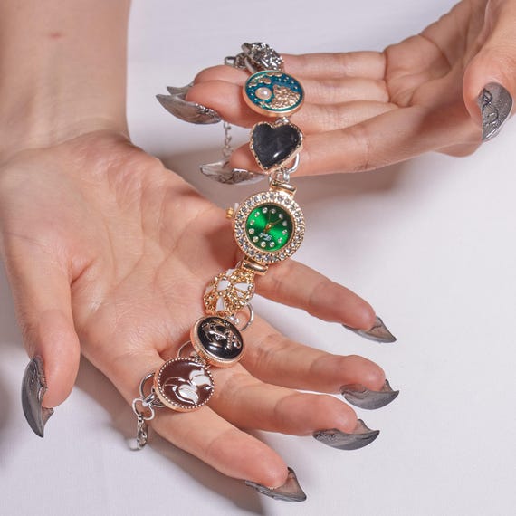 Punk Watch Charm Bracelet, Green Face Vintage Timepiece 