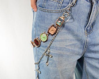 Steampunk Watch Pants Chain, Colorful Timepiece Belt Accessory with Cross Charms & Chains, Alt Punk Goth Gifts, Edgy Punk Rock Belt Jewelry