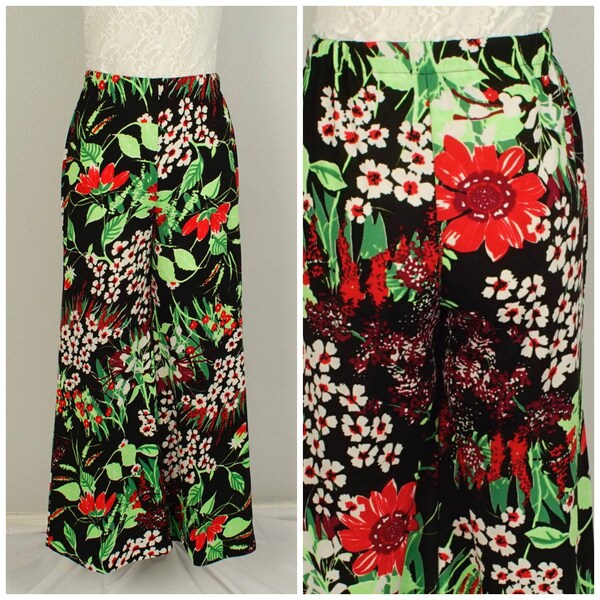 Black Floral print High Waist Wide Leg Pants 70s to 80s Vintage XS 24 x 25 petite