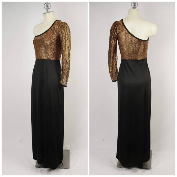Metallic Gold One Sleeve Kleid 70er Vintage Studio 54 sexy Cocktail Party Maxikleid