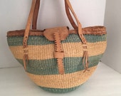 Large Striped Raffia Straw Tote with Soft Aged Leather Handles Beach Weekender Carryon Shopping Boho