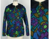 dark floral mod quilted cotton jacket with faux fur collar 60s vintage