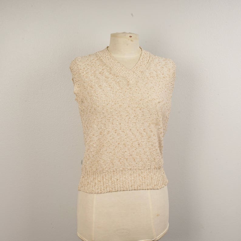 Speckled Tan and Ivory 70s vintage Knit Sweater Vest V Neck Small Medium Pullover