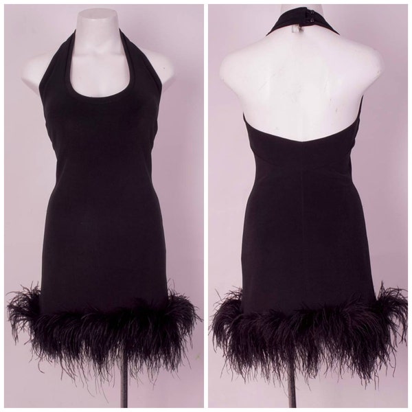 LBD black body con cocktail dress 90s sexy feather boa hem backless party dress XS 2 4