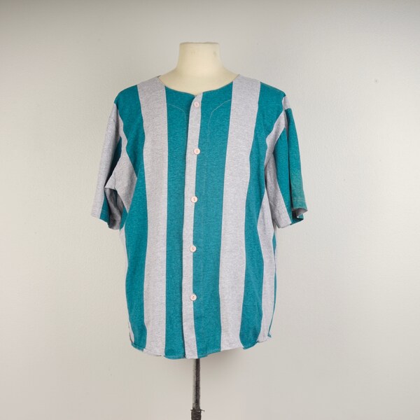 vertical wide stripes baseball button up shirt XL 80s vintage collarless short sleeve oversize gray turquoise t-shirt