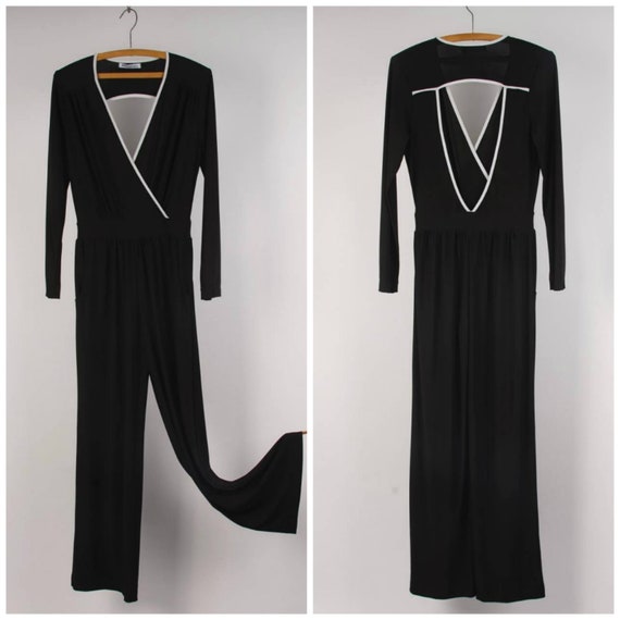 stretchy black jersey jumpsuit cut out back and de