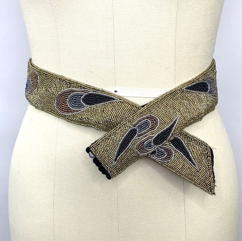 heavily beaded dressy gold satin belt 26 to 28 inch waist 80s to 90s vintage