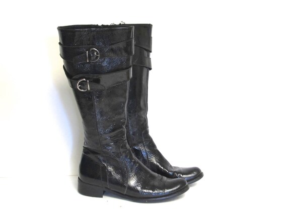 womens black patent biker boots