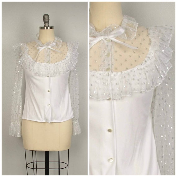 sheer white and silver button up blouse with ruffl