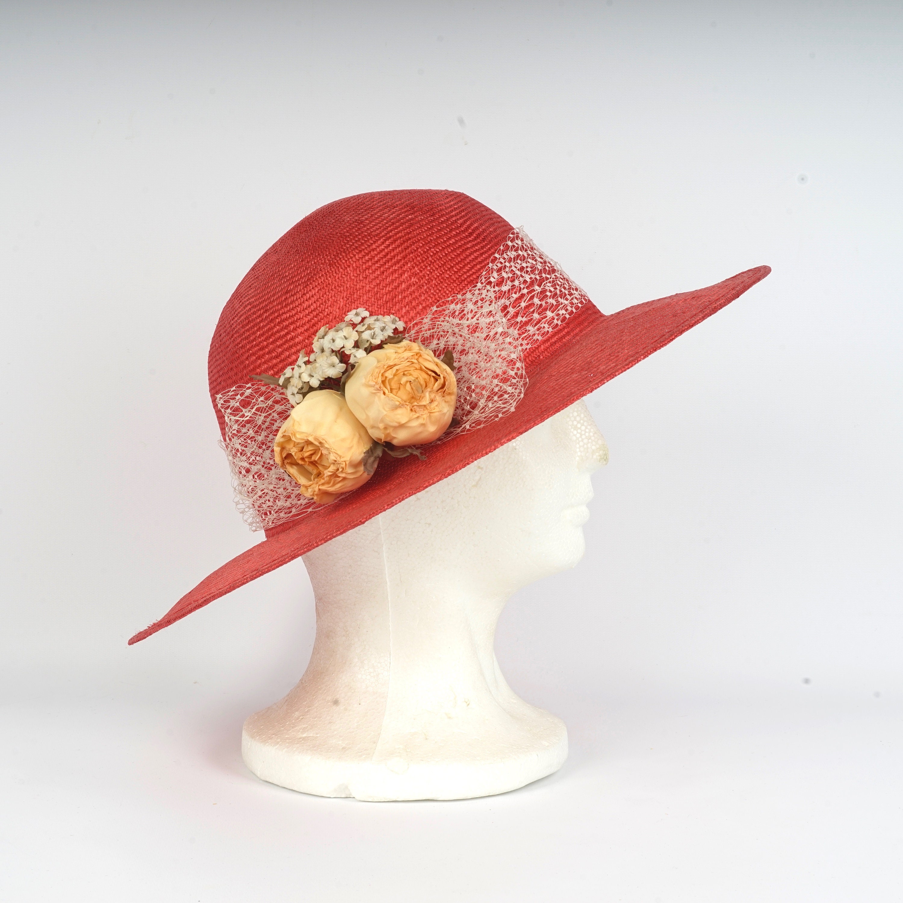 Wide Brim Red Straw Hat With Silk 