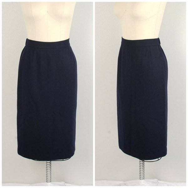 Koret navy blue wool felt pencil skirt 80s lined soft pleat