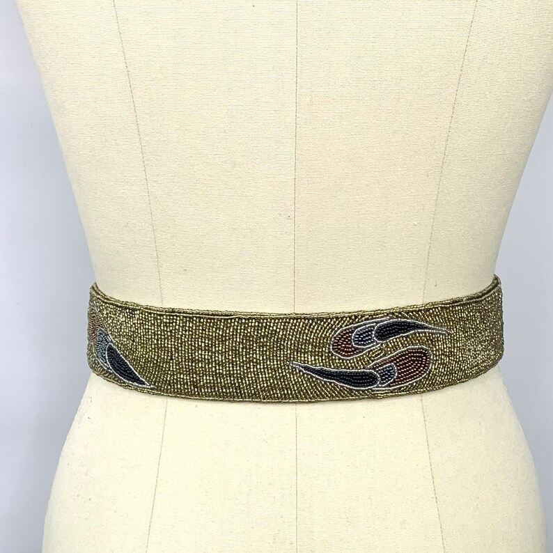 heavily beaded dressy gold satin belt 26 to 28 inch waist 80s to 90s vintage