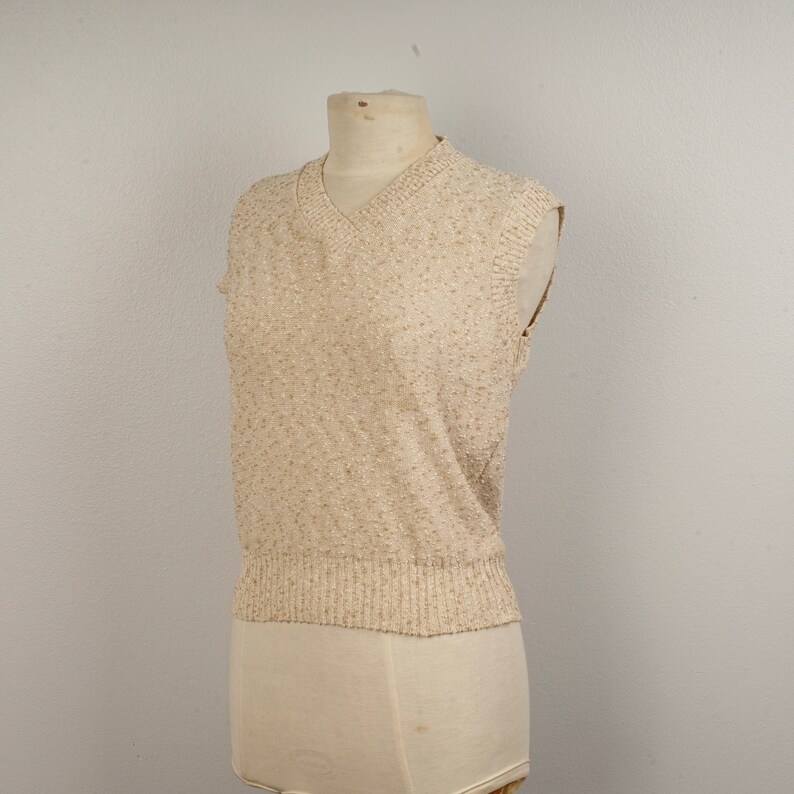 Speckled Tan and Ivory 70s vintage Knit Sweater Vest V Neck Small Medium Pullover