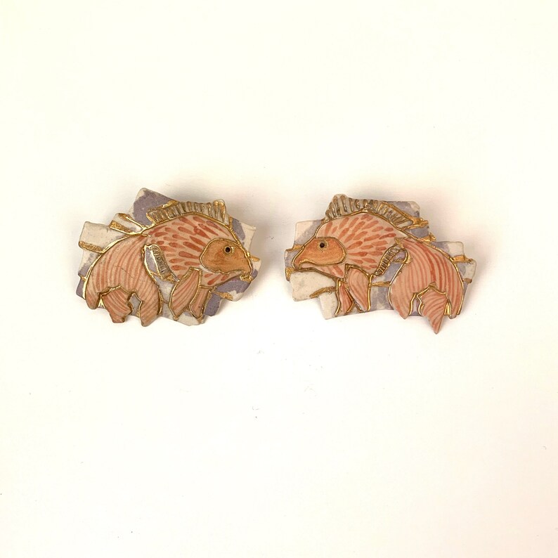 BIG koi goldfish earrings handpainted ceramic fish runway earings