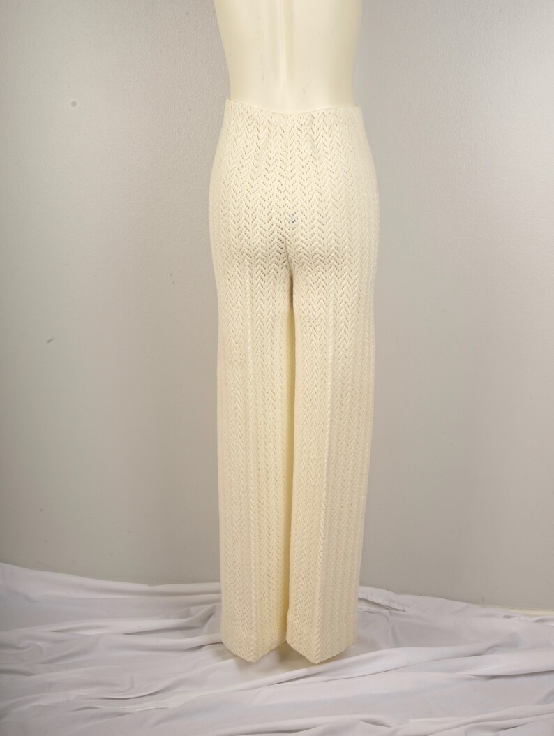 white crochet stretchy knit sheer pants 70s vintage high waisted flared leg trousers slacks XXS XS